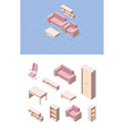 living room furniture isometric set pink folding vector image