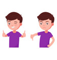 boy holds his thumb up and down vector image