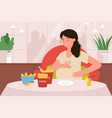 hungry pregnant woman eating holding hand vector image