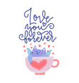 cute cupid cat lying in a tea cup with a heart vector image vector image