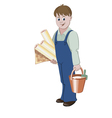 handyman standing with rolls of wallpaper vector image