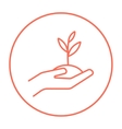 hands holding seedling in soil line icon vector image