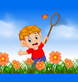 boy wearing red shirt catching butterfly vector image vector image