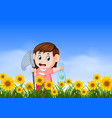 young girl catching butterflyin the jungle vector image vector image