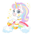 cute cartoon character unicorn on a rainbow vector image vector image