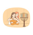 jewish mom and daughter light menorah candle vector image