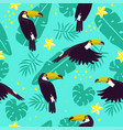 seamless pattern with toucans plumeria vector image