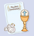 first communion card with host wafer and chaliz vector image