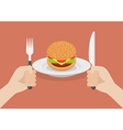 knife and fork cutlery in hands with burger vector image