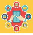 tablet pc with hands and icons - flat style vector image
