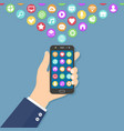 hand holding black smart phone with colorful vector image vector image