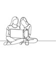 two girl discussing and study with a laptop vector image