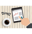 human hands holding a tablet and touching a screen vector image vector image