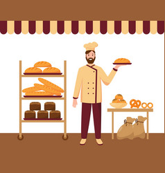 Bakery shop cakes and baker with pizza Royalty Free Vector