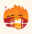 chinese mountain landscape with cows on bridge vector image