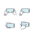 hands holding smartphone flat line icon blue vector image