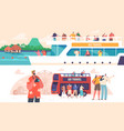 people travel on cruise liner and bus characters vector image vector image