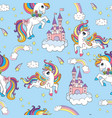 seamless pattern cute unicorns in cloudy sky vector image
