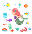 little cute mermaid swimming under the sea fishes vector image