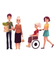 helping grandmother with shopping and strolling vector image