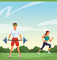 fitness man lifting barbell and woman running vector image