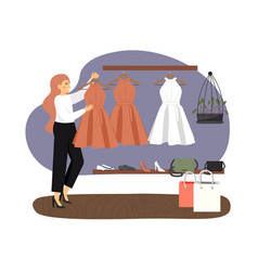 happy woman shopping for dress in woman clothing vector image vector image