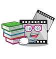 student with book stripe film above wooden cartoon vector image