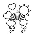 line rainbow clouds raining with hearts and sun vector image