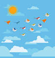 cartoon flying birds in the sky with clouds vector image
