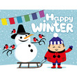 happy child and a snowman on sled vector image