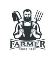 farmer holding shovel and pitchfork black emblem vector image