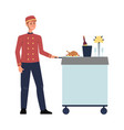 hotel food service employee in red uniform pushing vector image