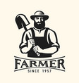 farmer holding shovel black emblem agriculture vector image
