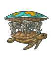 elephants and turtle holding flat earth engraving vector image
