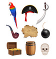 pirate set skull bones parrot old vintage map vector image