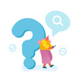 young woman leaning on huge question mark vector image