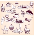 hand drawn set of tableware food and drinks vector image