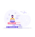 man with laptop sitting on book stack vector image