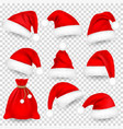 christmas santa claus hats with fur set bag sack vector image