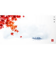 japanese maple leaves and fishing boat in calm vector image vector image