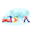 happy people clean home yard steps from snow man vector image