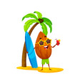 cartoon almond character with surfboard on beach vector image vector image