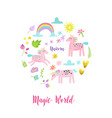 greeting card with cute magic unicorns rainbow vector image vector image