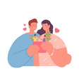 happy parents hold flower pot with tiny joyful vector image vector image