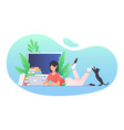 woman working at home girl with a laptop lies vector image