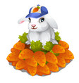 hare in cap sits in pile of carrots easter symbol vector image