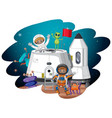 cartoon astronaut and aliens on planet in vector image