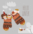 cartoon happy children sitting in mittens hello vector image vector image