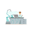 male scientist working with robotic arm conducting vector image