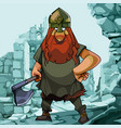 cartoon viking on a background of blue ruins vector image vector image